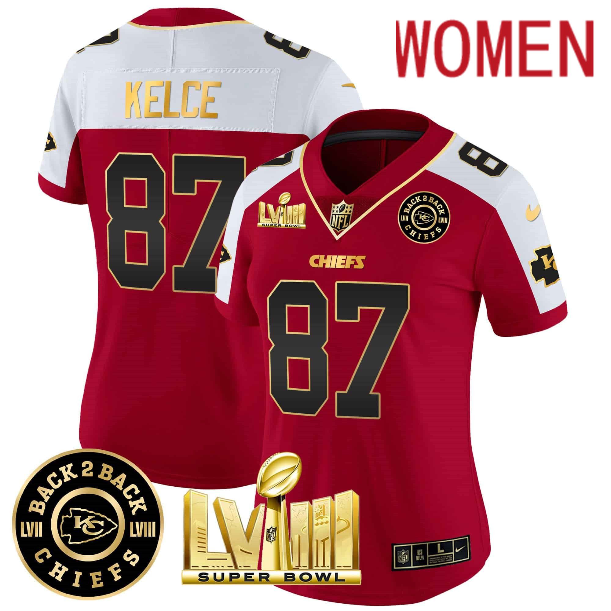 Women Kansas City Chiefs #87 Kelce Red 2024 Nike Super Bowl LVIII & Back-2-Back Patch Vapor NFL Jersey->women nfl jersey->Women Jersey